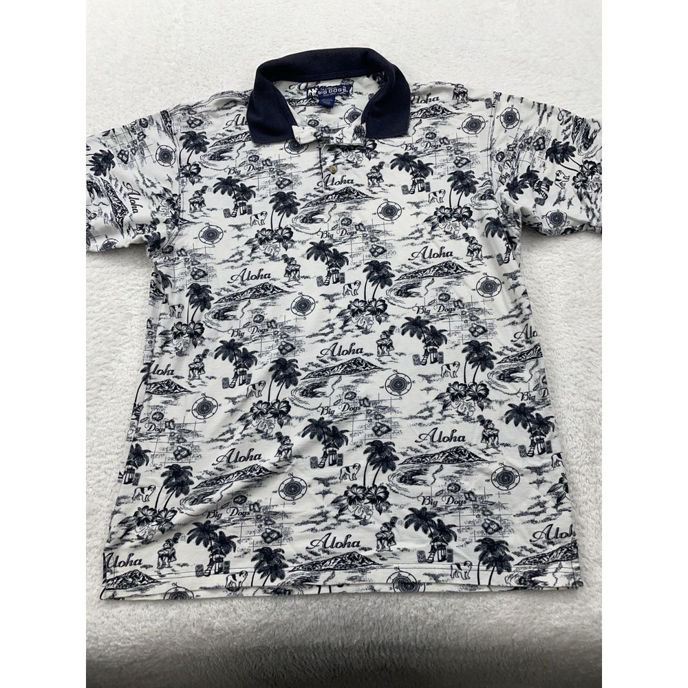 Big Dogs Hawaiian Polo Shirt Mens Large Floral Surfboard Golf White Short Sleeve